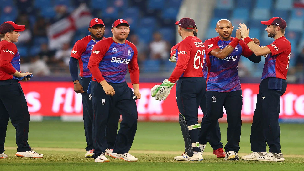 England team celebrating after taking wicket