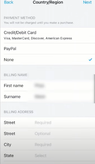 Showing payment method while changing country/region in App store.
