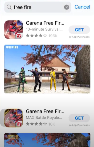 Showing free fire and free fire max on app store