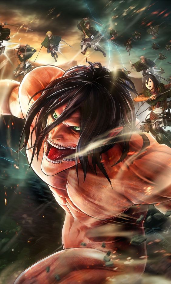 Attack on titan anime, Eren Jaeger, Mikasa, Armin and all scout regime.