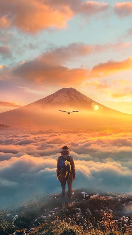 A boy looking at eagle and mountain above the clouds
