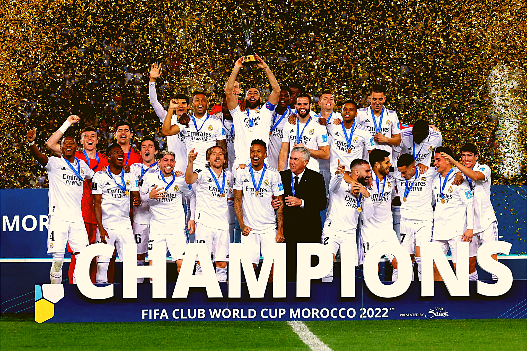 Real Madrid celebrating their FIFA Club World Cup 2022 title win